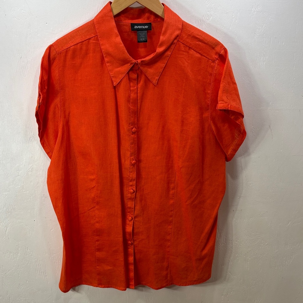 Avenue Vibrant Orang Button Down Classic Collared Linen Short Sleeve Shirt 18/20